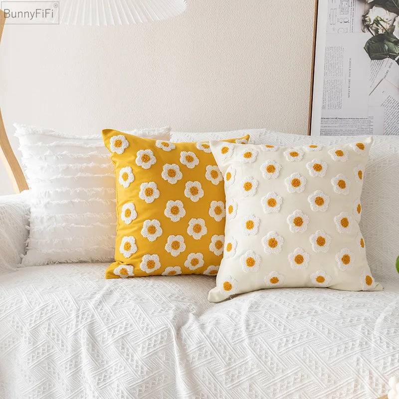 housse coussin brodée fleur marguerite polyester coton blanc jaune décorative salon voiture 30x50cm zip