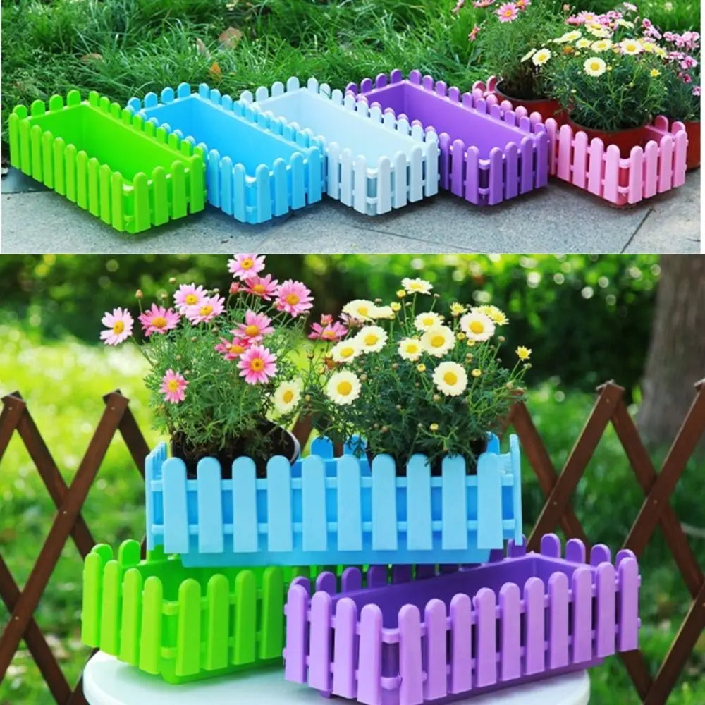 Bacs fleurs modernes cloture piquets couleurs vert bleu violet rose