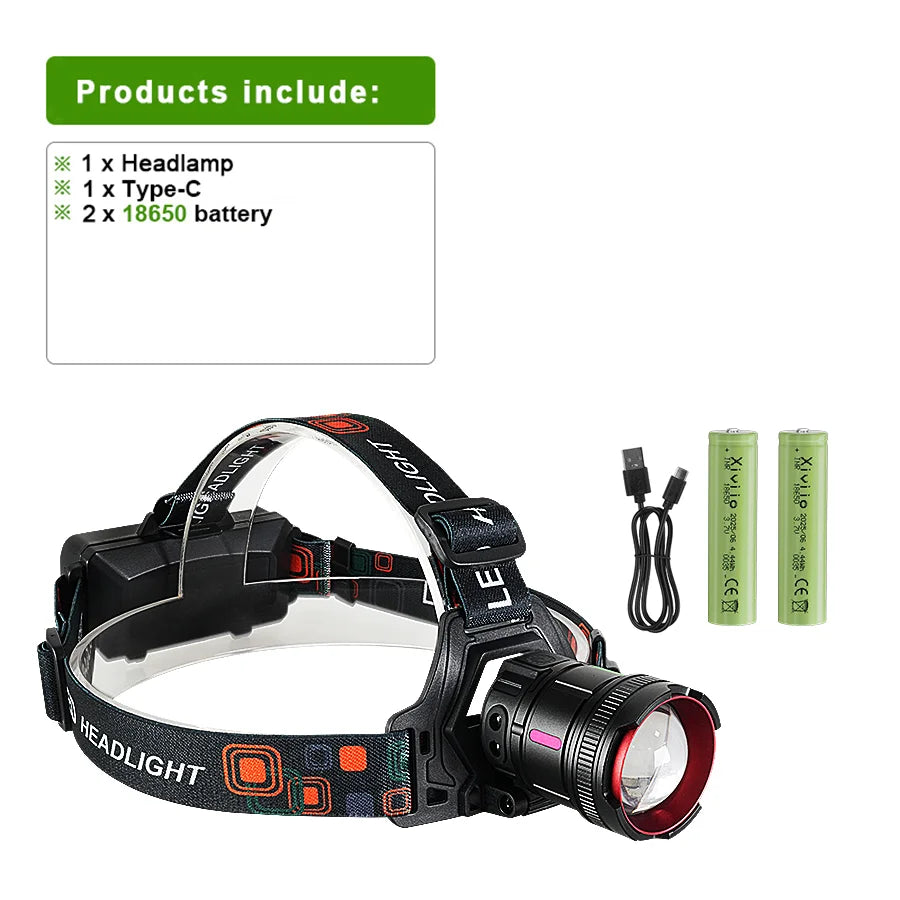 lampe frontale led rechargeable étanche mode chasse pêche randonnée camping ultrabrillante