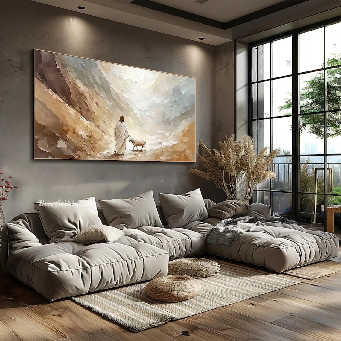 tableau moderne paysage abstrait nuages montagnes beige marron gris blanc sans cadre toile impression