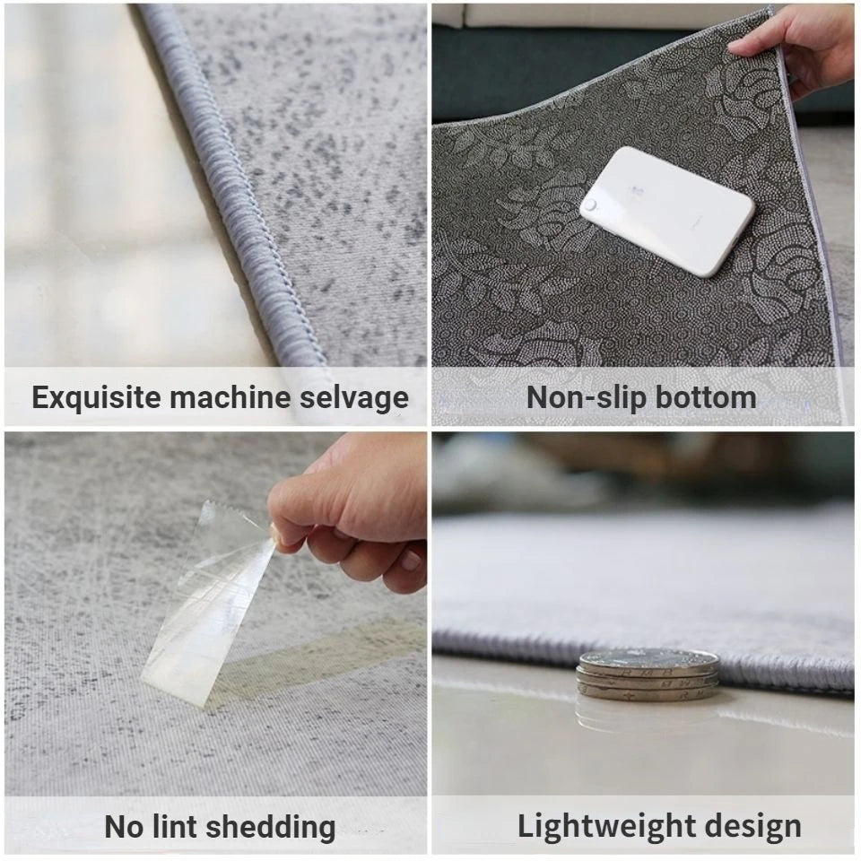 Un tapis design avec un motif gris élégant, un fond non glissant, un bord de coupe raffiné et un design léger pour une utilisation facile.