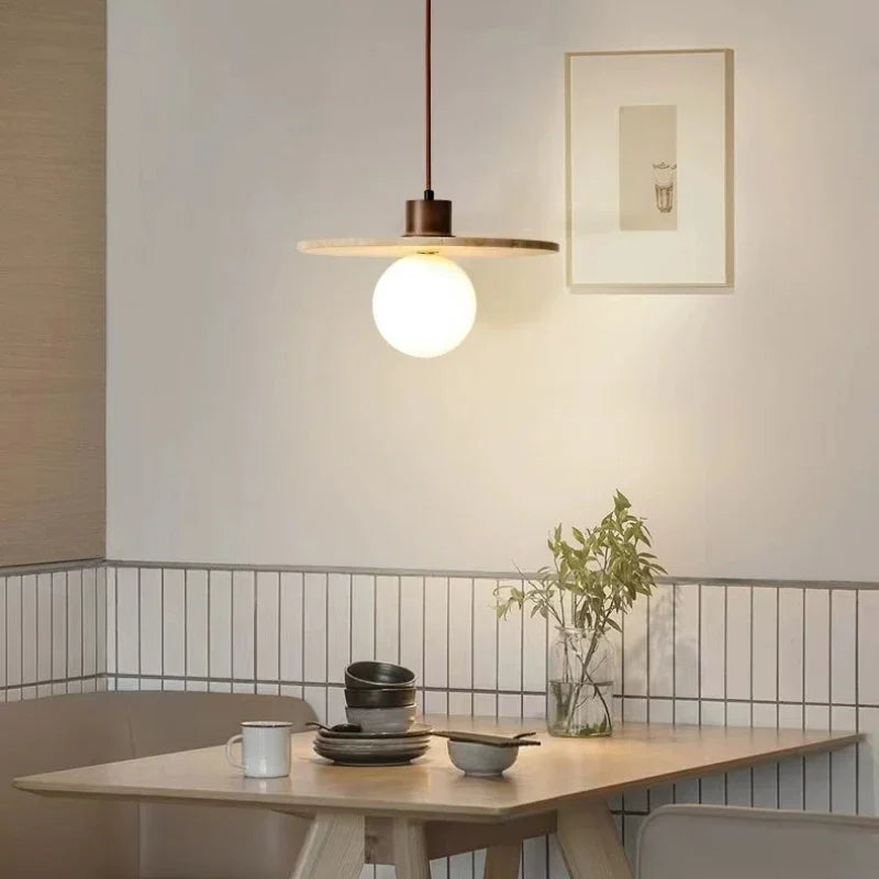 lampe suspendue moderne pierre travertine verre translucide chaîne métallique marron clair 30cm chambre salon