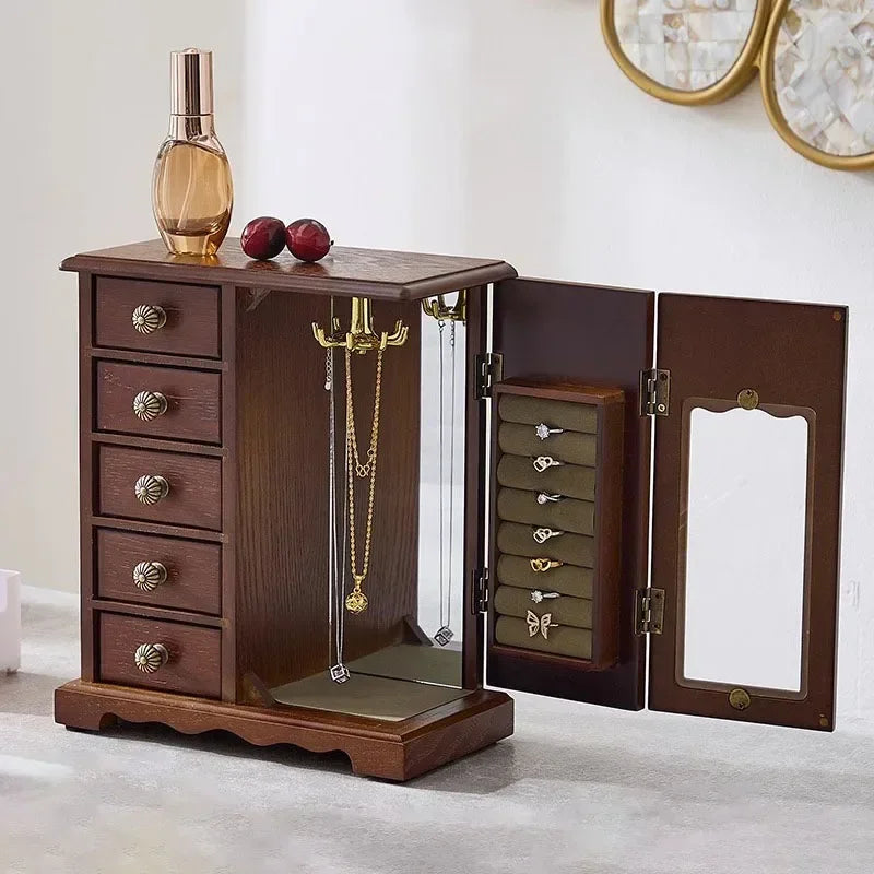 boîte bijoux marron foncé bois naturel six tiroirs miroir classique vintage