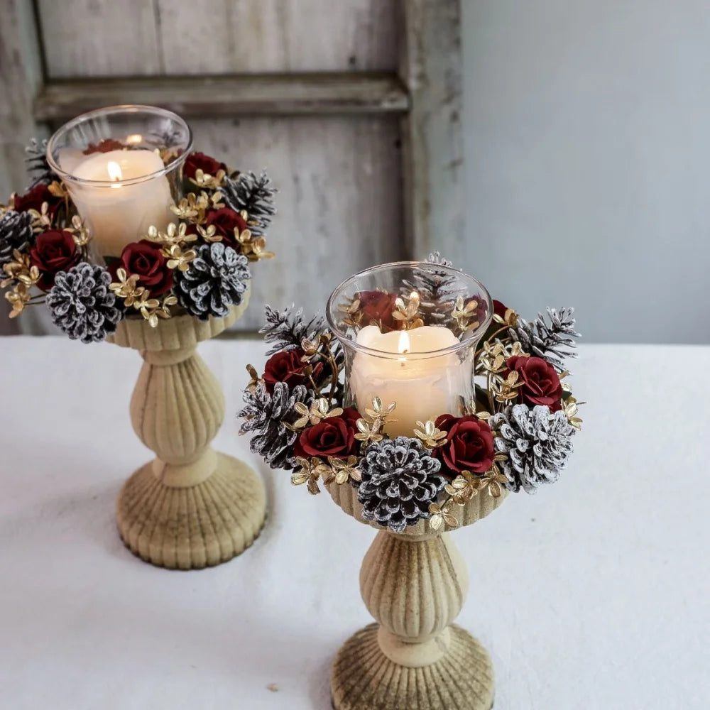 décoration intérieure bougeoir fleurs artificielles pommes pin rouge doré vintage rustique