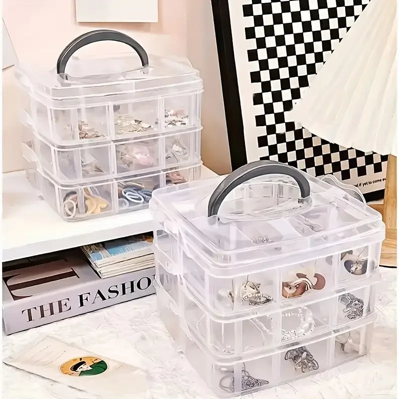 boîte rangement bijoux transparente pratique moderne poignée réutilisable compartiments plastique