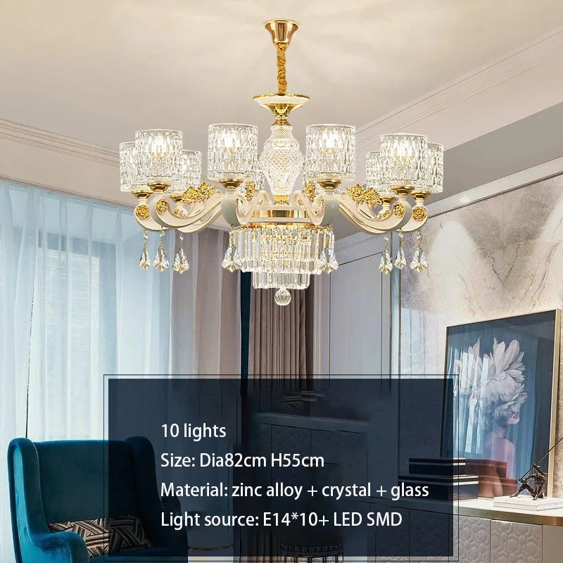 lustre led cristal ornementation dorée contemporain salon salle manger villa