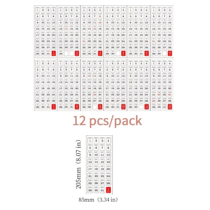 calendriers mensuels adhésifs blanc gris rouge numérotés mois spécifiques 205mm 85mm minimaliste fonctionnel