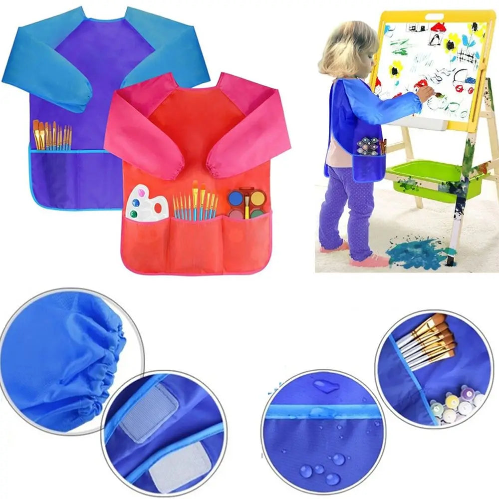 tablier peinture imperméable enfant pinceaux jaune bleu rose poche élastique pratique