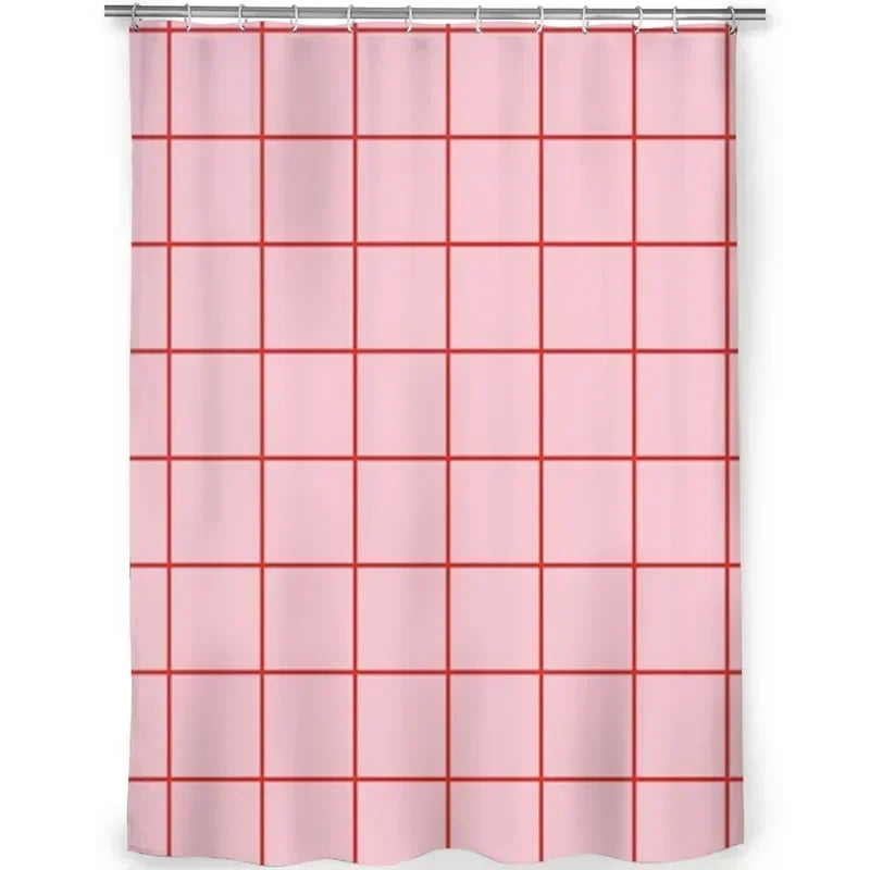 rideau douche moderne rose motif grille rouge minimaliste tissu polyester opaque