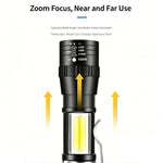 lampe torche rechargeable usb zoomable 10w led camping pêche urgence noire compacte métallique