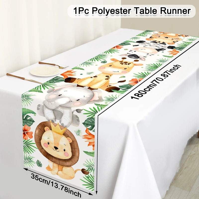 table cuisine nappe animaux savane aquarelle lion éléphant girafe zèbre enfant jungle festive