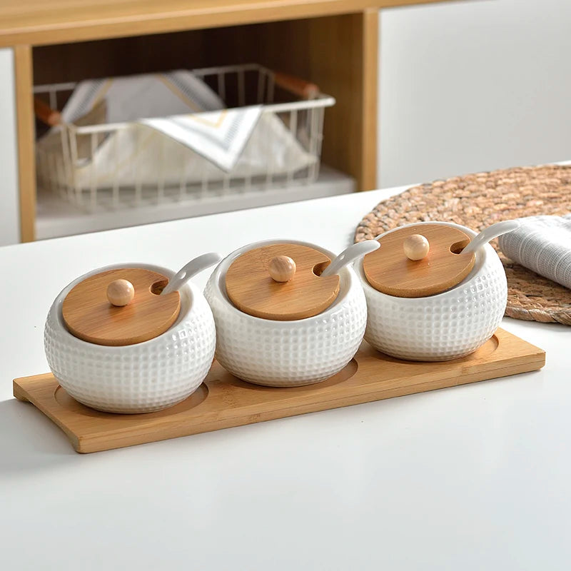 pot épices porcelaine blanc couvercle bambou moderne respectueux environnement cuillères plastique blanc herbes épicées(stockage)