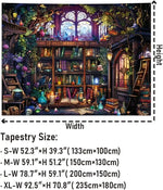 tapisserie murale fantastique multicolore arbres livres potions crânes bougies bibliothèque