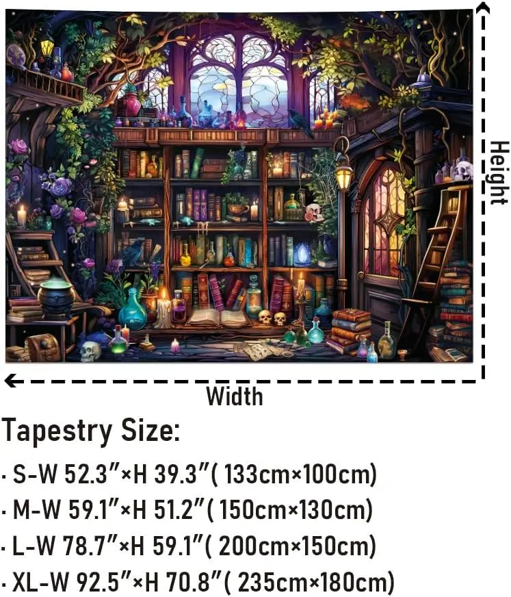 tapisserie murale fantastique multicolore arbres livres potions crânes bougies bibliothèque