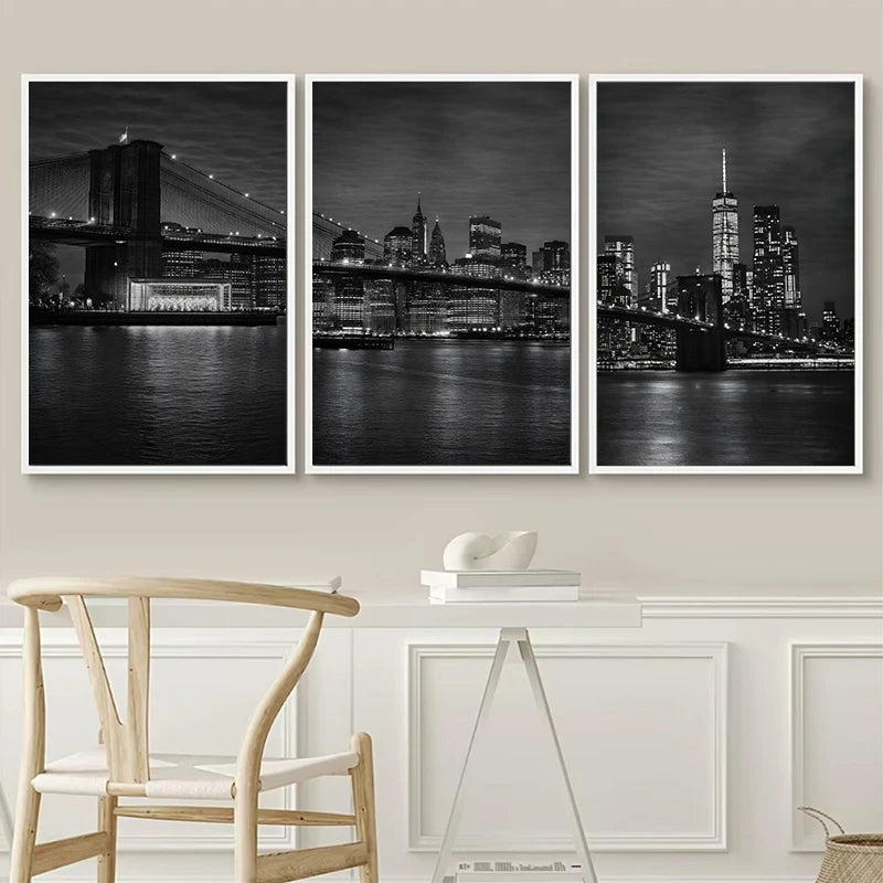 décoration murale triptyque art contemporain noir blanc paysage urbain nocturne york chambre salon