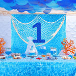 nappe table thème océan rayures bleu moderne coquillages bouteille vin plage anniversaire bébé