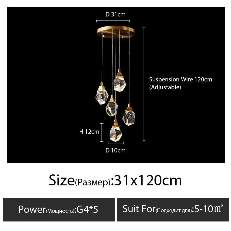 suspension lumineuse moderne transparente dorée facettes géométriques élégante leds