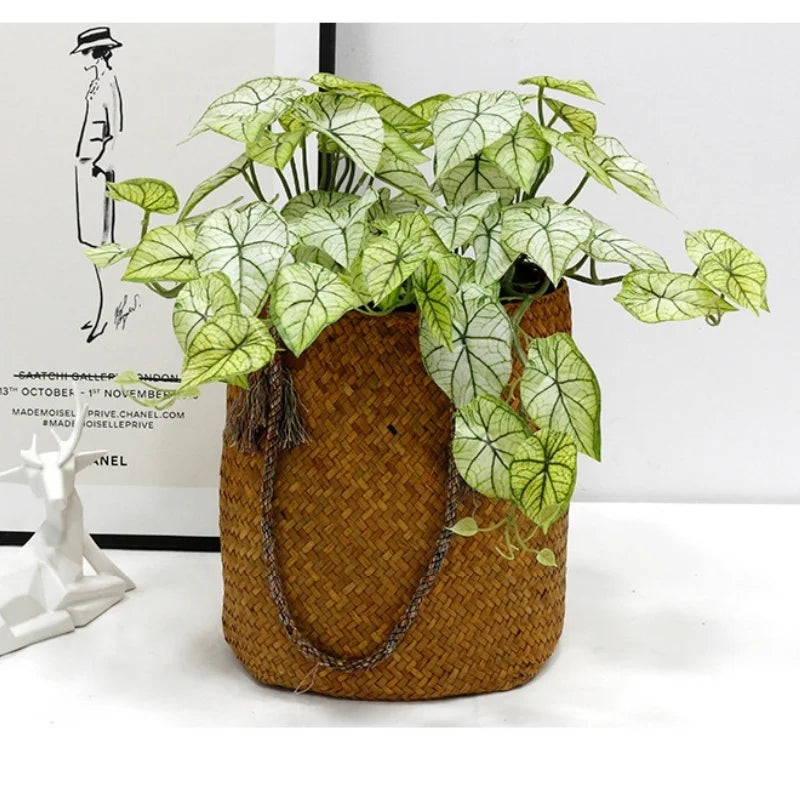 feuilles vertes blanches plante artificielle branche eucalyptus decoration intérieur extérieur pot osier tropical 46cm