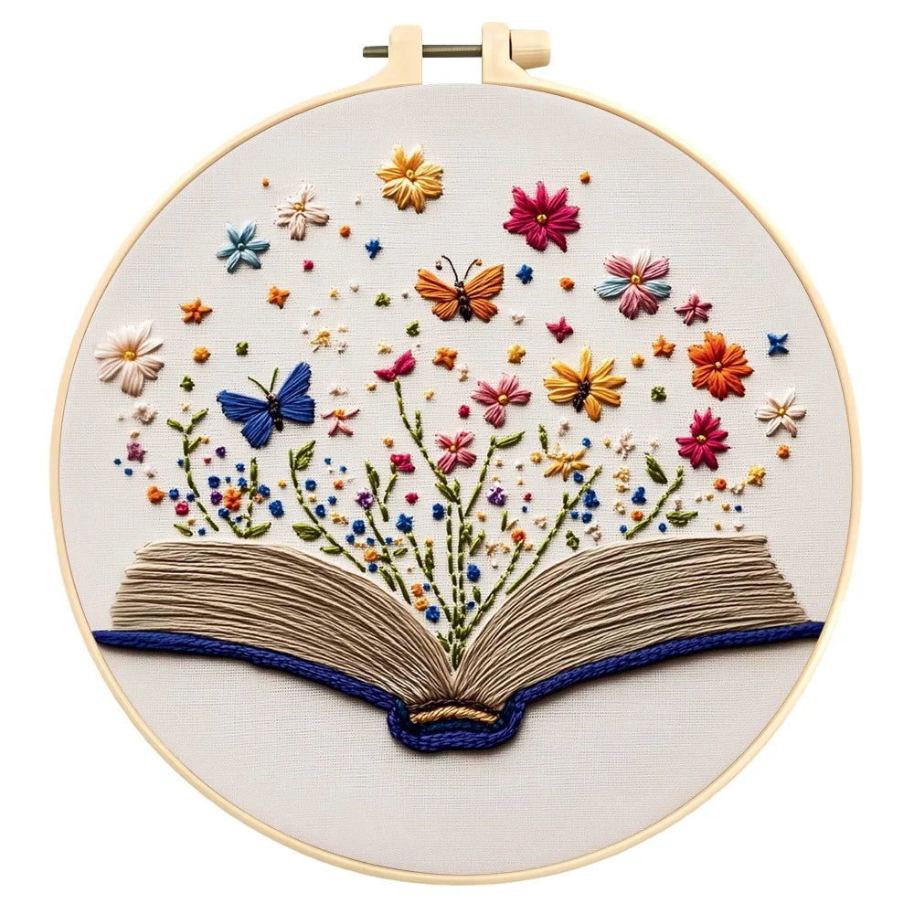 kit broderie fleurs papillons bohème livres imprimés toile couleurs variées aiguilles fils instructions débutants