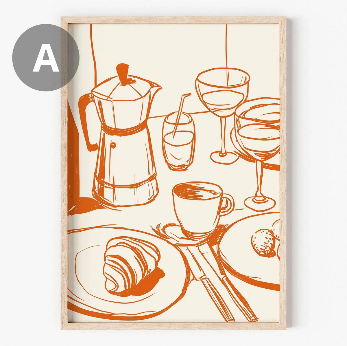 affiche art moderne toile illustration bouteilles verres assiettes chanson blanc bleu vert orange