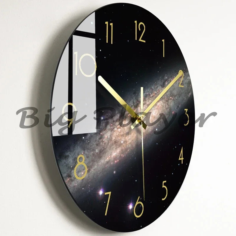horloge murale moderne noire étoiles galaxie lumineuses salon décoration opaque aiguilles électrique