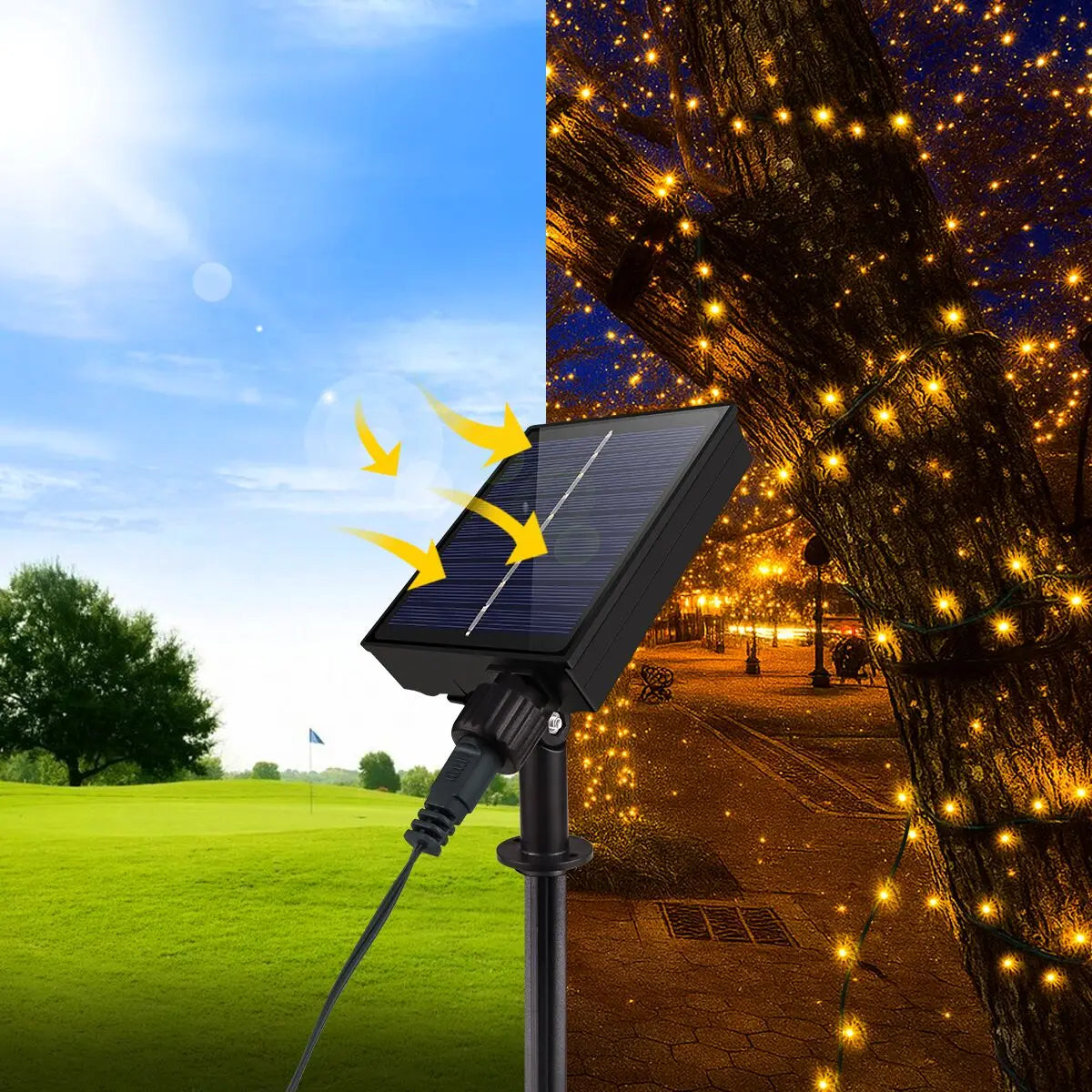 Guirlande solaire étanche IP65 décorant un patio avec éclairage chaleureux
