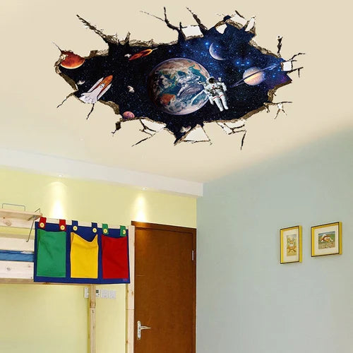 sticker mural 3d multicolore planètes étoiles ciel nocturne nuages effet trompe l’oeil chambre moderne