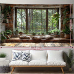 tapisserie rustique scénique fenêtre plantes bois salon brun beige vert