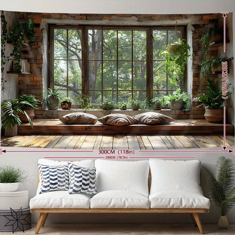 tapisserie rustique scénique fenêtre plantes bois salon brun beige vert