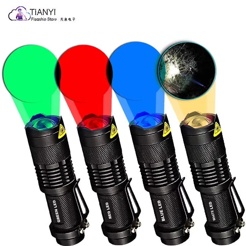 lampe torche led noire texteur moderne anneaux fixation bouton alimentation lumière rouge verte bleue
