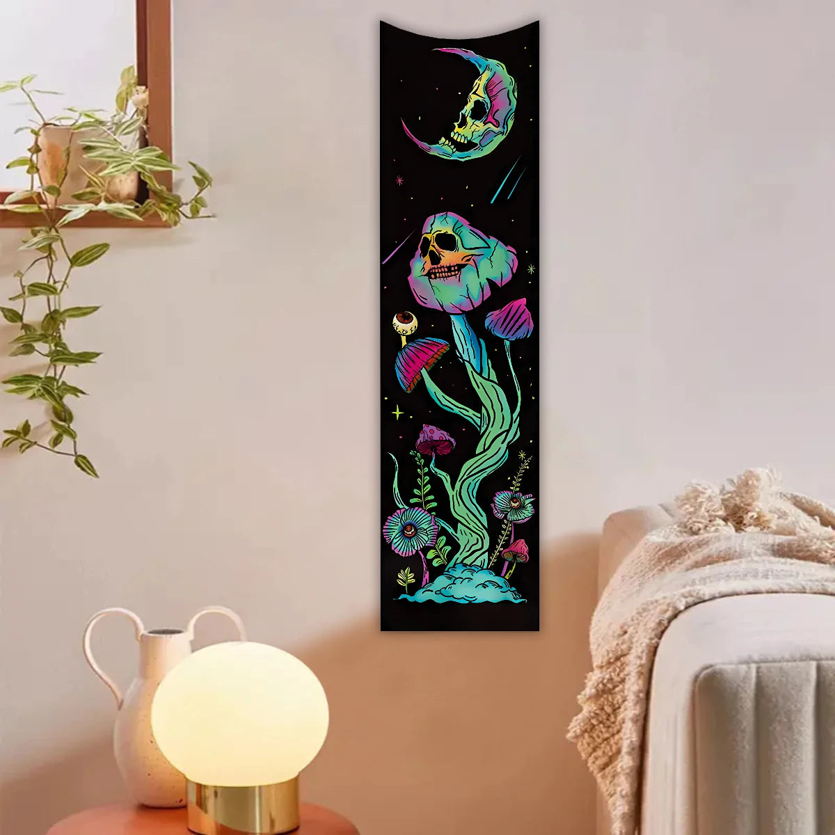 tapisserie moderne fantaisie crânes fleurs papillons oeil lune polyeste noir bleu rose
