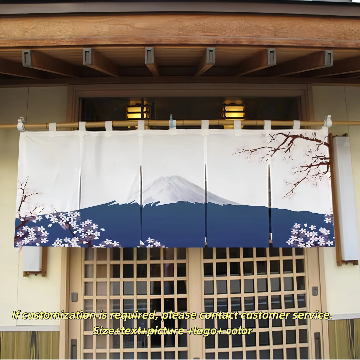 rideau traditionnel japonais blanc bleu rouge mont fuji fleurs cerisier tringle texture coton lin