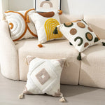 taies d'oreiller carrées 45x45cm moderne motifs géométriques blanc marron vert bleu beige tasseaux