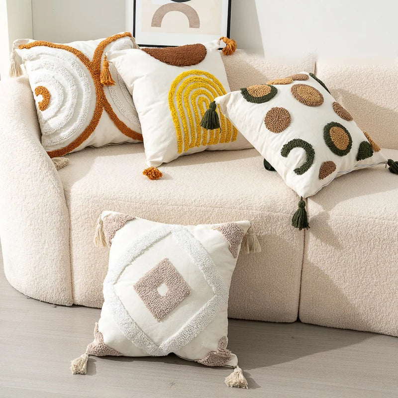 taies d'oreiller carrées 45x45cm moderne motifs géométriques blanc marron vert bleu beige tasseaux