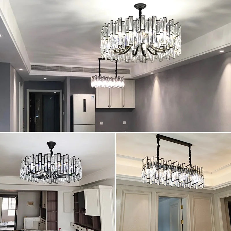 lustre cristal moderne transparent noir brillant salon restaurant haute gamme echangement chainemeta