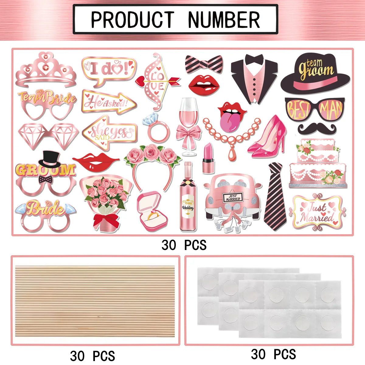 accessoires photo mariage carton bâtonnets alliances robes mariée costumes chapeaux lunettes coeurs champagne gâteaux