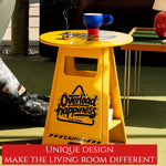 table basse moderne jaune rouge graphismes lettres forme abstraite contemporaine original ludique
