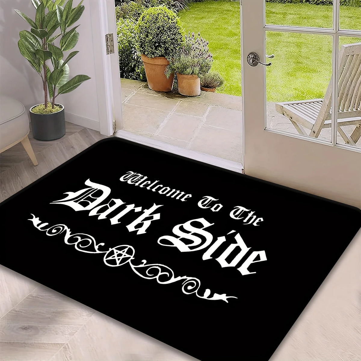 tapis sol antidérapant welcome dark side gothique humoristique noir blanc pentagramme