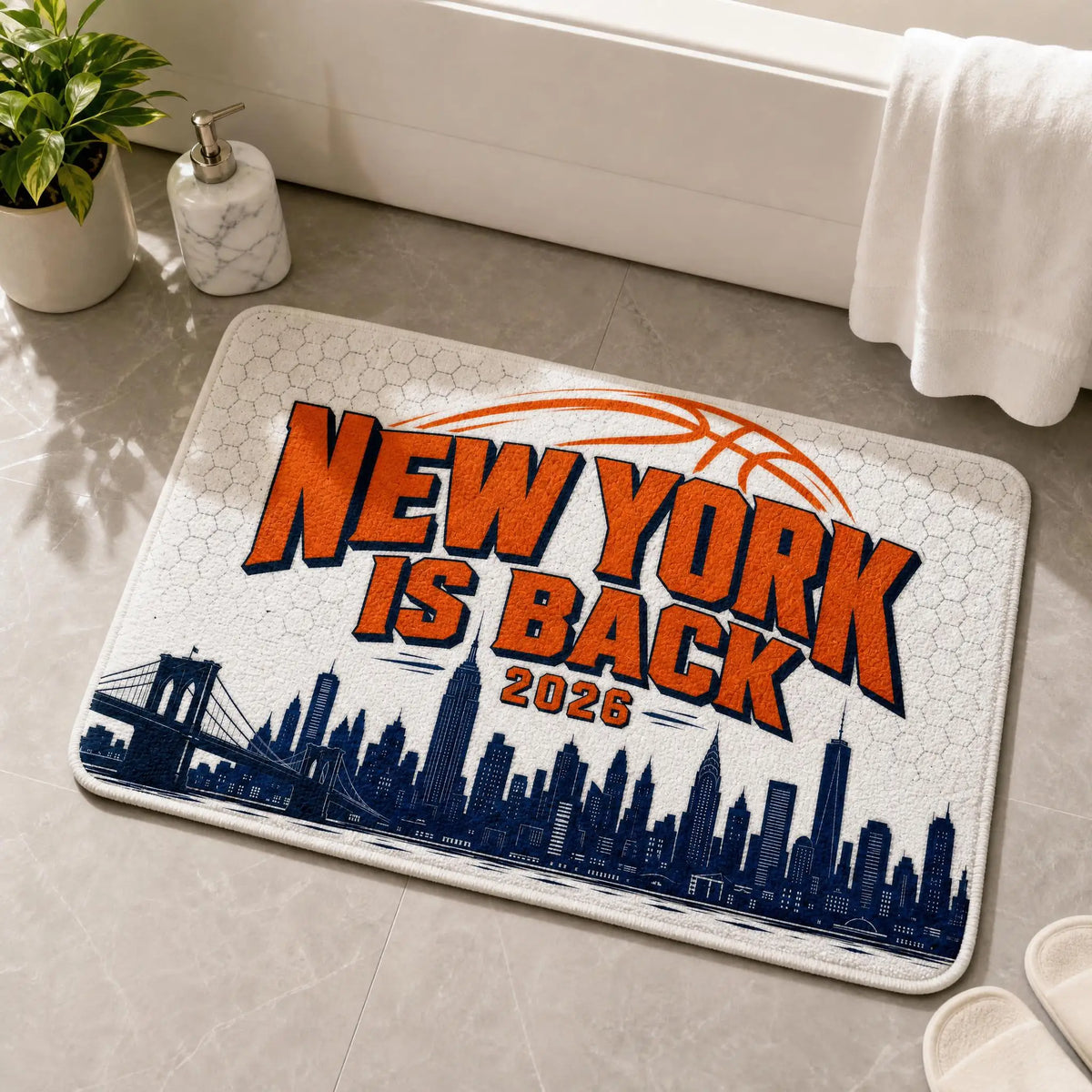 tapis bain blanc bleu marine orange motif gratte ciel york basketball moderne