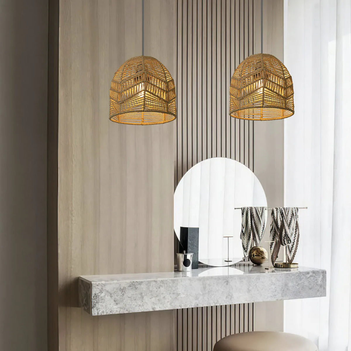 abat jour tressé bohème semi transparent chevron naturel suspension chambre restaurant