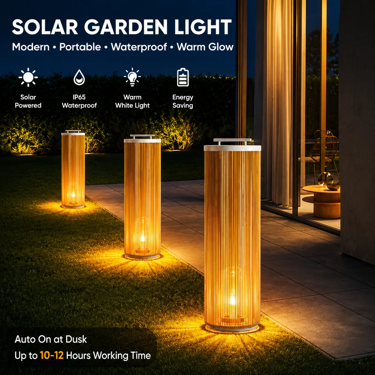 lampe solaire jardin moderne marron clair blanc rayures verticales étanche ip65 led allée patio