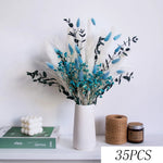 bouquet dried flowers rouge blanc bleu vert feuilles fleurs plumes ruban bleu naturel rustique