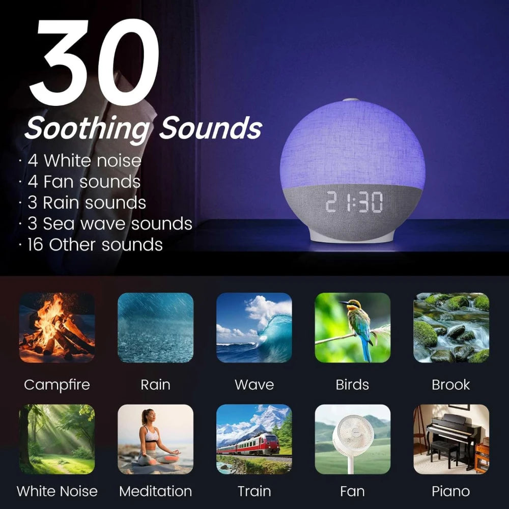 lampe d'ambiance moderne blanc gris tissu sons apaisants affichage numérique bluetooth wake up light