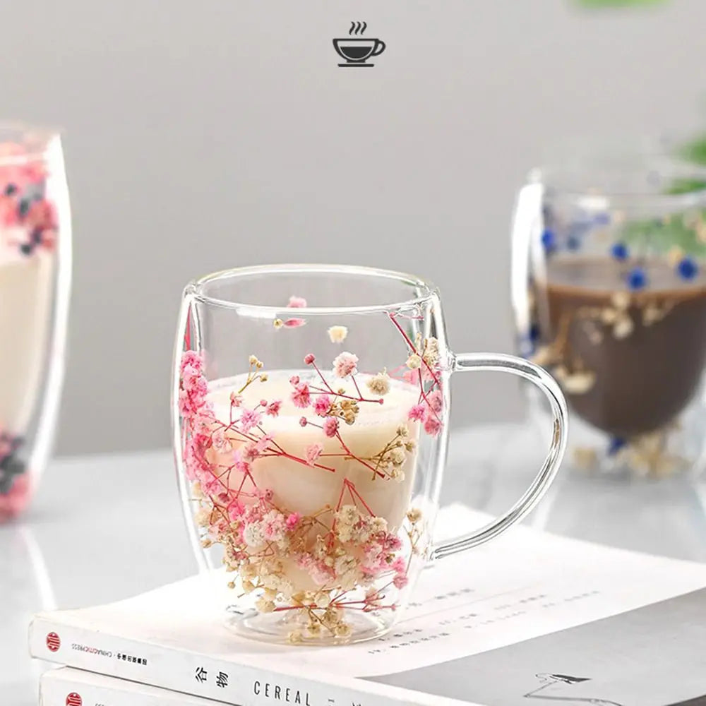 tasse verre double paroi fleurs séchées rose bleu moderne 350ml transparent