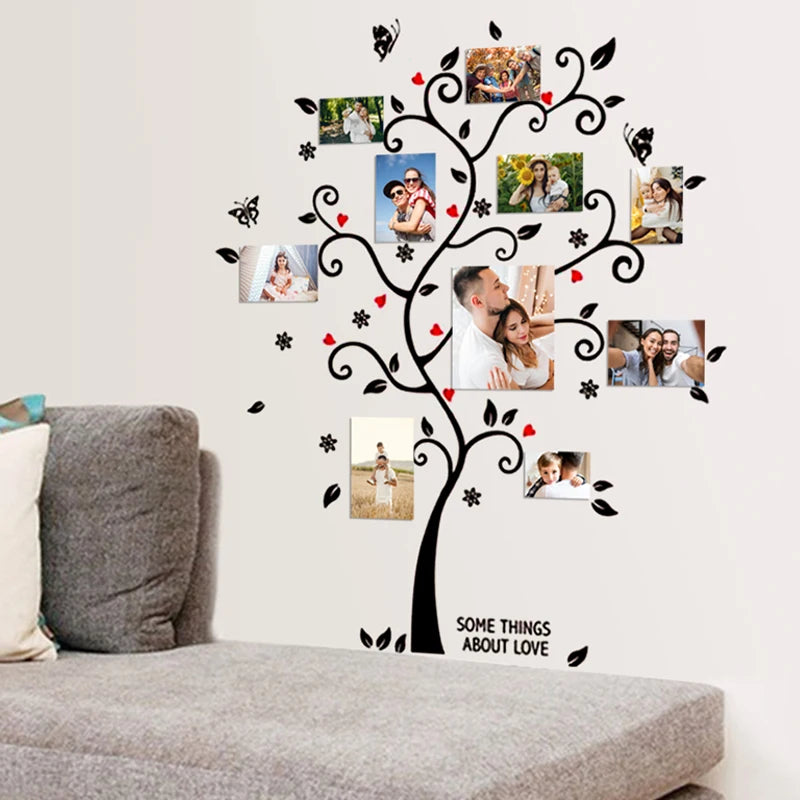 sticker mural arbre noir feuilles coeurs papillons cadres photo décoration maison salon chambre coucher