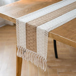 tableau lin chemin table géométrique franges rustique bohème beige blanc