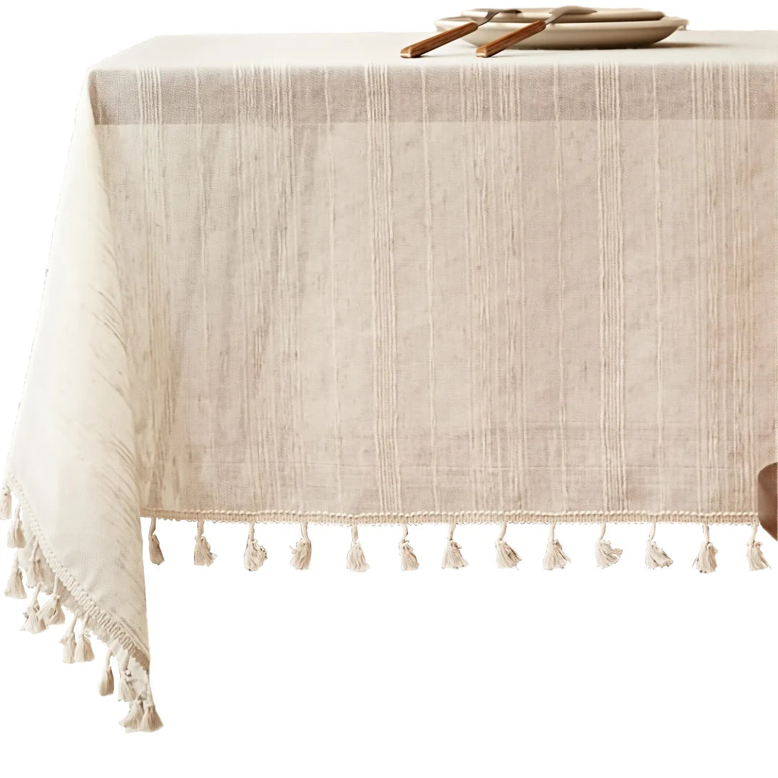 nappe boho chic lin texturé beige clair rayures horizontales extérieur mariage rustic festive