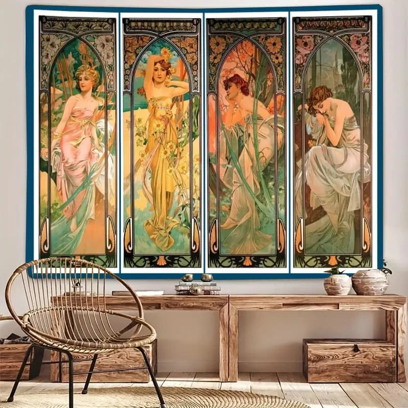 Panneau décoratif mural Art Nouveau multicolore femmes fleurs illustrations salon chambre 180X350cm