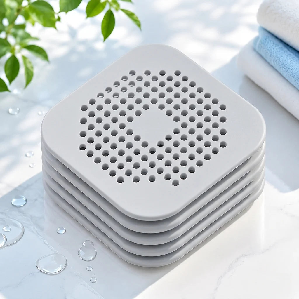 filtre bain réutilisable perforations géométriques adhésif blanc gris moderne respectueux environnement