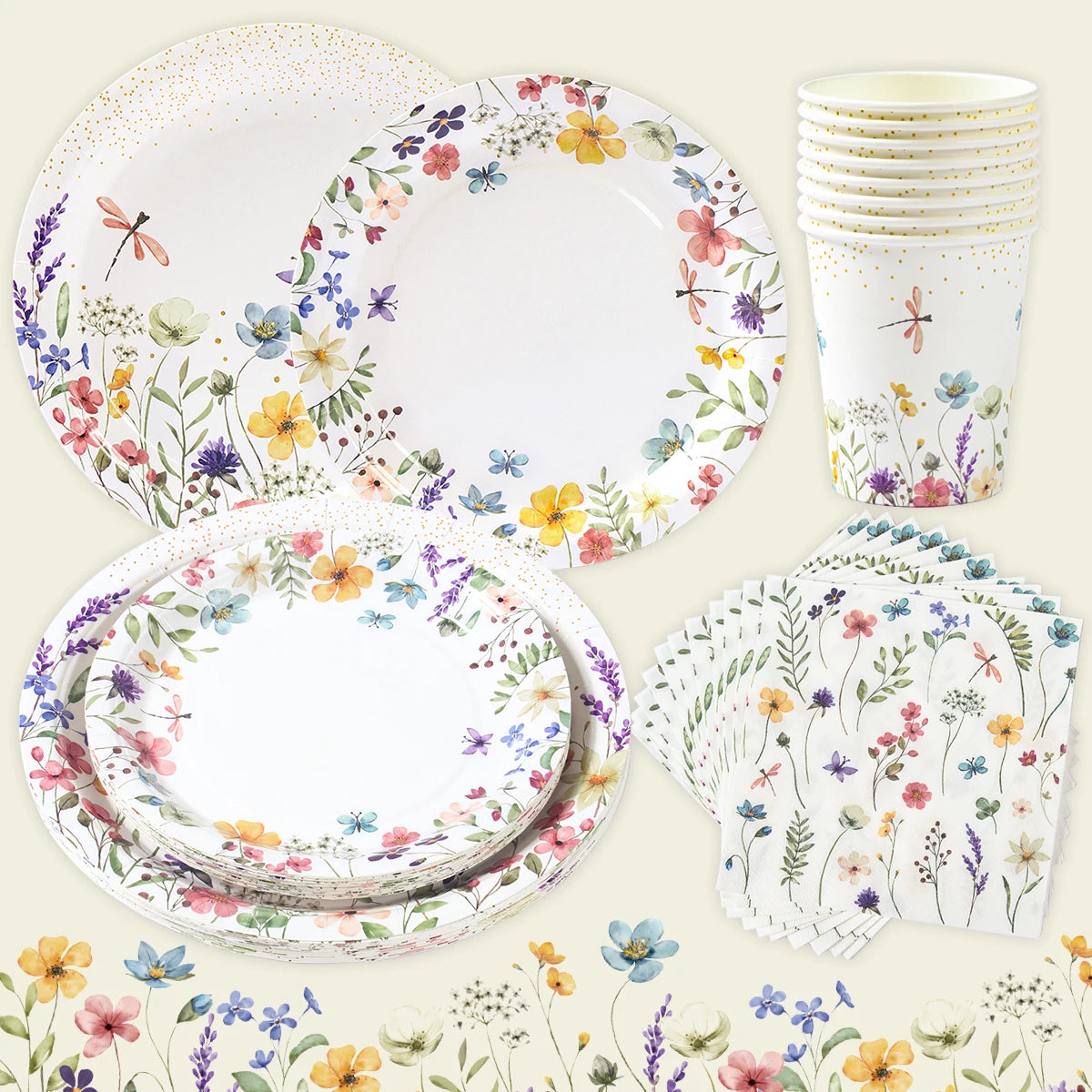 serviettes festives fleurs colorées assiettes verres nappe anniversaire décoration table pâques Blanc multicolore